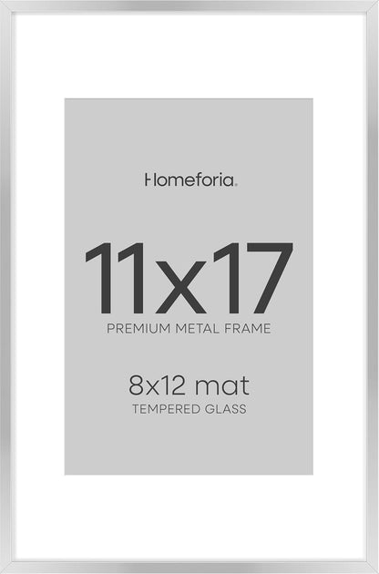 Homeforia 11 x 17 Frame Silver, High End Metal 11x17 Picture Frames with Mat 8x12 for Photo, 11 x 17 Silver Poster Frame Matted to 8 x 12 Print, 17x11 Hanging Frame, Tempered Glass, Wall Kit, Set of 1