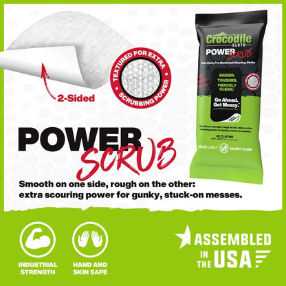 Crocodile Cloth PowerSCRUB Cleaning Wipes – 10 (15" x 10") Dual-Surface Cloths, Heavy-Duty, Moist, Absorbent, & Disposable - Safe on Skin & Multiple Surfaces