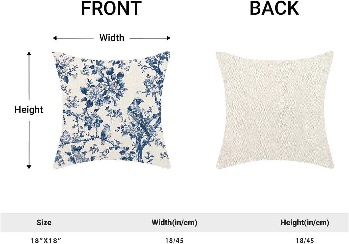 Navy Blue Spring Floral Pillow Covers 18 x 18 Inch Set of 2 for Vintage Chinoiserie Flowers Bird Decor Throw Pillows Plant Farmhouse Outdoor Decorative Cushion Cases for Couch Bed Decorations