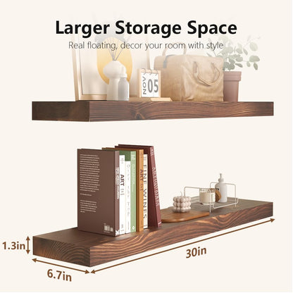 Habudda Floating Shelves Set of 2, Natural Pine Wood Shelf for Bathroom Bedroom Kitchen, 30 inch Long, Rustic Decor, Walnut