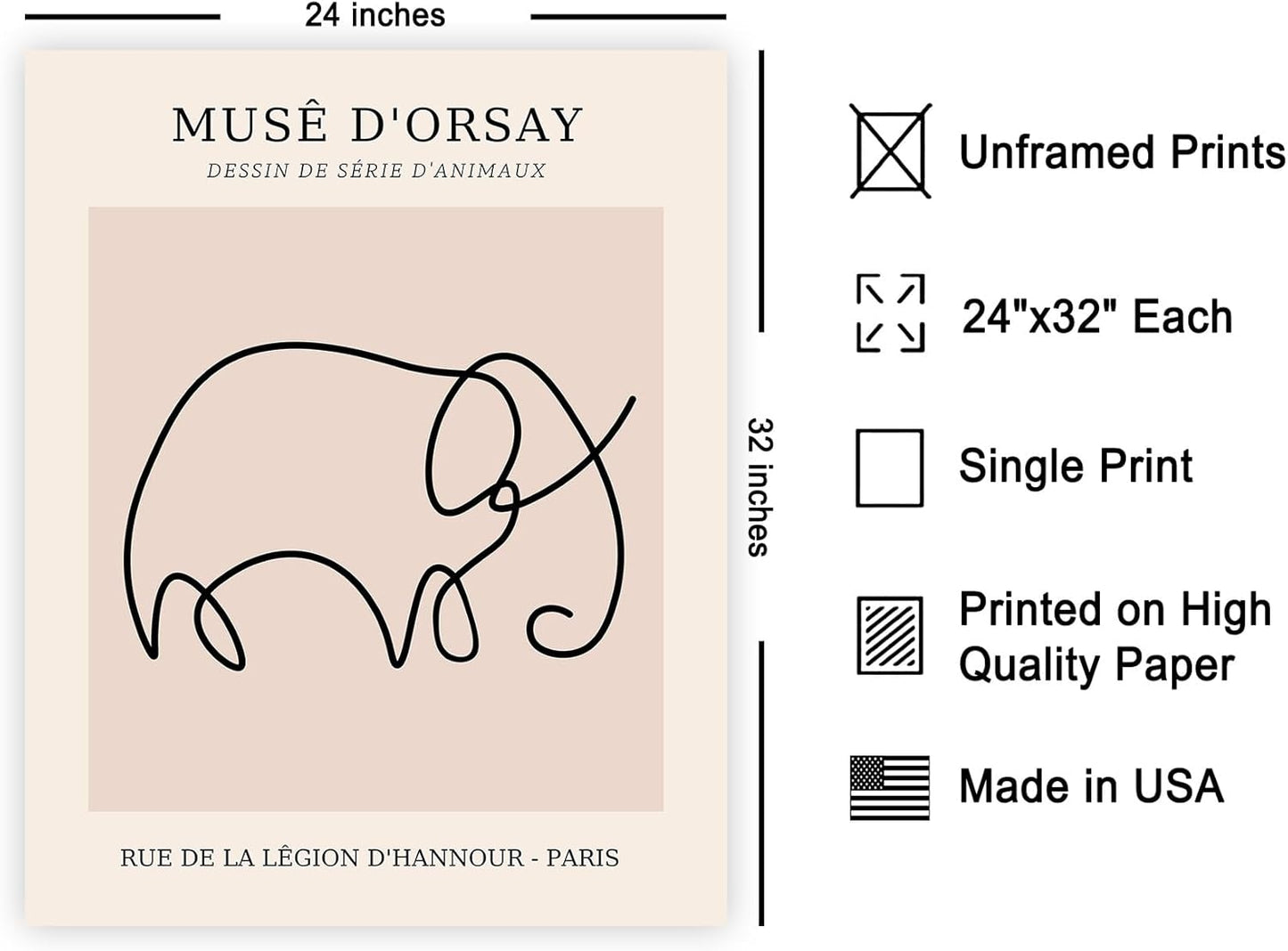 Poster Master Vintage Poster - Retro One Line Elephant Drawing Print - Elephant Art - Minimal Gift for Men, Women, Animal Lover - Abstract Wall Decor for Home, Office, 24x32 Unframed Wall Art