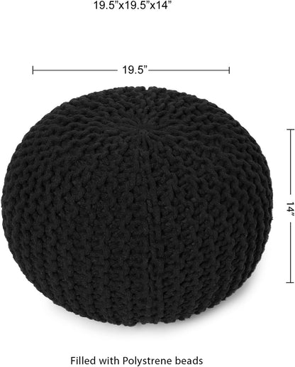 REDEARTH Round Pouf Foot Stool Ottoman - Hand Knitted Bean Bag - Cord Boho Pouffe - Cable Poof Footrest for Living Room - Nursery - Bedroom - Patio - 100% Cotton - Home Decor (19.5"x19.5"x14") - Black