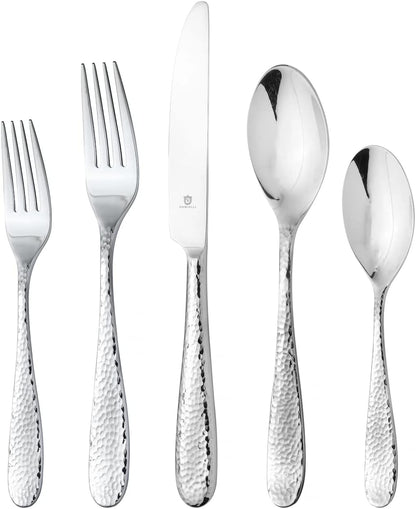 Hammered Silverware Set | Premium 18/10 Stainless Steel Flatware Service for 16 | Heavy-Duty & Dishwasher Safe | Built to Last (80-Piece, Fidenza Hammered)