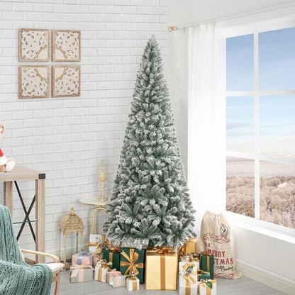 Naomi Home 7.5ft Slim Snow Flocked Christmas Tree with Lights,Realistic Frosted Skinny Pencil Prelit with 1102 Branch Tips, 350 Warm Lights & Metal Stand, Aritificial Tree