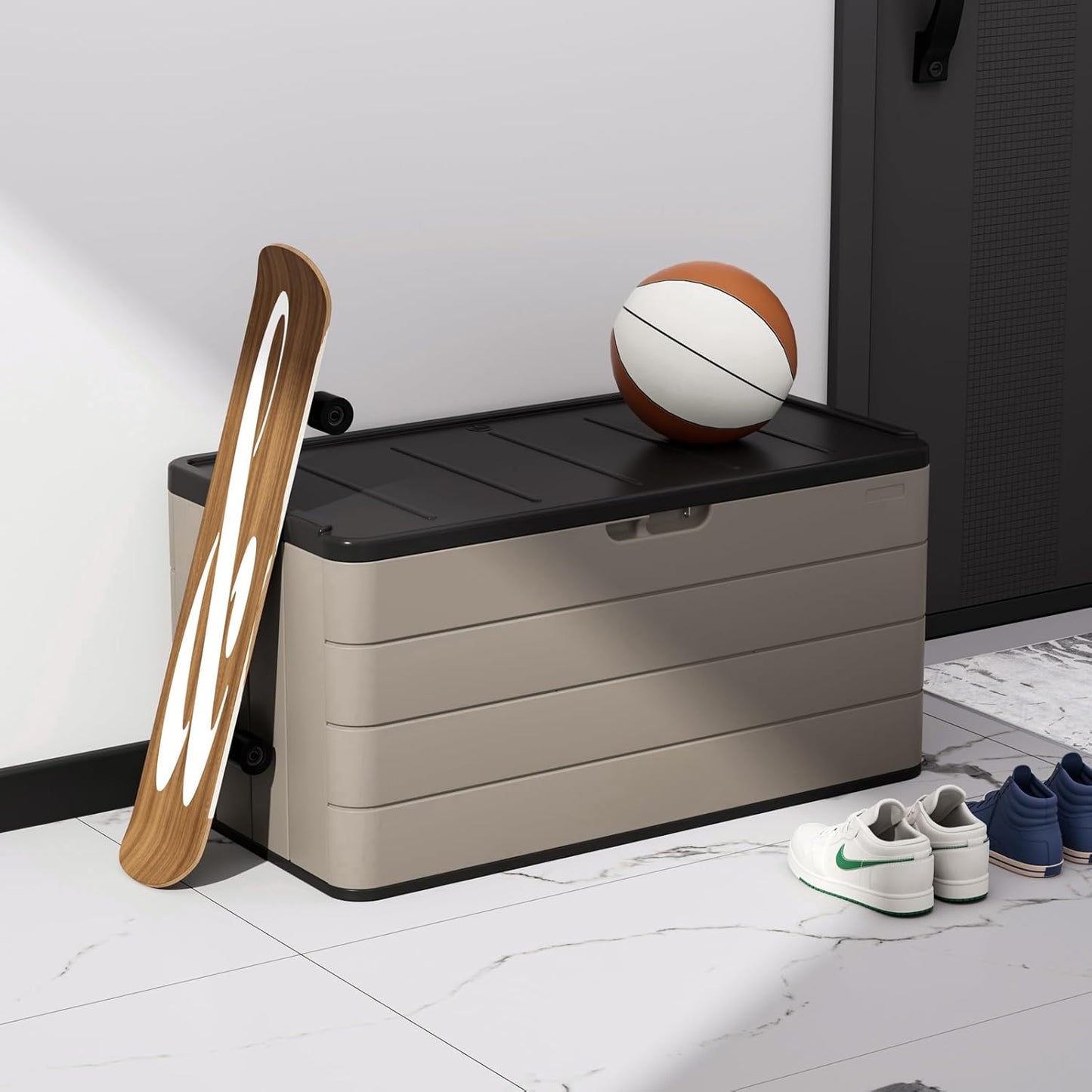 ZZM 110 Gallon Lockable Resin Deck Box, Waterproof Outdoor Storage Box for Patio Cushion Storage Cabinet and Tools Storage, Coffee