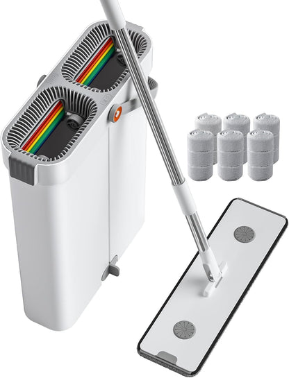 JOYBOS Mop and Bucket Set for Home Floor Cleaning, Hands Free Flat Mop, Stainless-Steel Handle, 6 Washable & Reusable Microfiber Pads