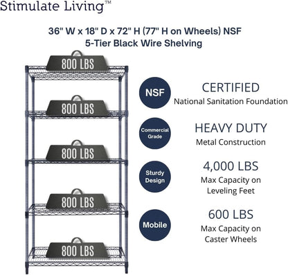 36"x18"x72" Prime Heavy Duty Black 5-Tier Wire Shelving NSF 4000 LBS MAX Capacity Storage Rack for Commercial, Hospital, School, Garage, and Kitchen Uses (with Wheels)