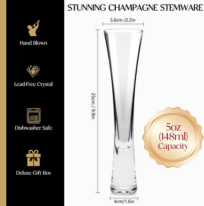 Champagne Flutes Set of 4, Hand Blown Crystal Champagne Glasses, Modern Unique Design, Lead-Free Prosecco Glasses, Elegant Toasting Glasses Gift for Wedding, Anniversary, Birthday, Christmas