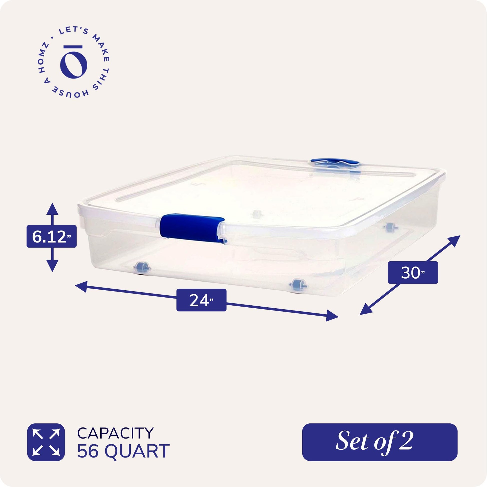 HOMZ 2-Pack Under Bed Storage, Clear Plastic Containers with Lids, 56 Quart, Blue Latch - Stackable