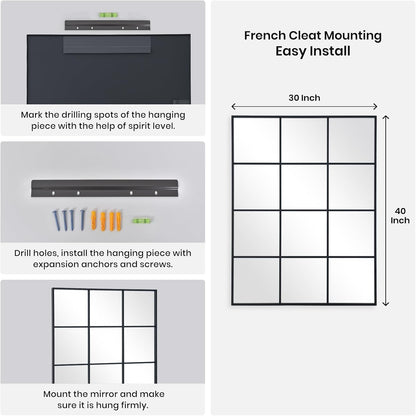 Windowpane Wall Mirror 30"x40" Black Wall Mounted Art Pane Mirror Farmhouse Decorative Mirror Leaning Hanging Wall Mirror for Bedroom Living Room Entryway Hallway Wall Decor