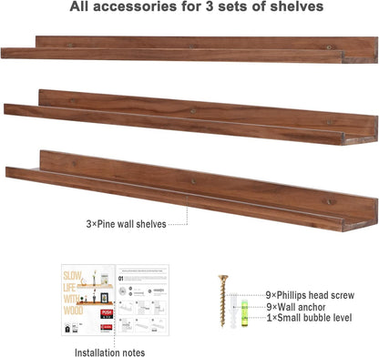 AZSKY 36 Inch Floating Book Shelves Rustic Wood Wall Picture Ledge Shelf for Storage Light Walnut Wall Mounted Picture Photo Display Shelf a Set of 3 Hanging Book Shelf