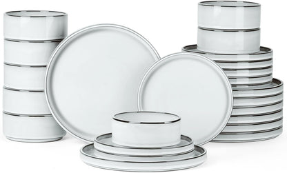 Onader Dinnerware Dishes Sets for 8, Stoneware Plates and Bowls with Unglazed Terracotta Bottom, Ceramic Kitchen Dinner Dish Set, 24 Piece - Glacier White