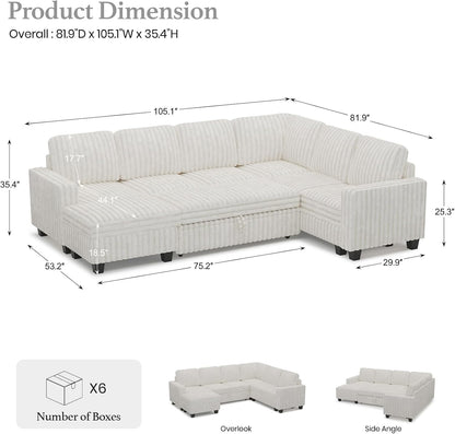Belffin Corduroy Sleeper Sofa Bed with Storage Chaise Modular Sectional Sofa Couch with Pull Out Bed L Shaped Sectional Couches for Living Room White Couch
