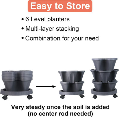 DUNCHATY Stackable Planter, Vertical Garden Planter with Wheels and Tools, Self Watering Strawberry Planter Indoor/Outdoor 6 Tier Herb Planter Pots for Growing Vegetables and Succulents, Dark Gray