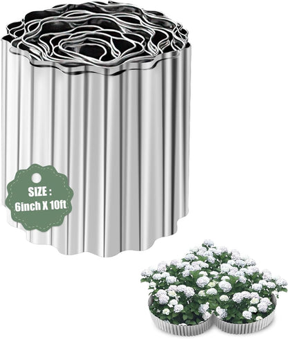 Corrugated Metal Garden Edging - 6 Inch X 10 FT Landscape Edging Border, Flexible Border for Garden Fence, Flower Bed, and Lawn (Silver)