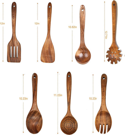 7-Piece Wooden Cooking Utensil Set - Teak Spatula and Spoons for Kitchen