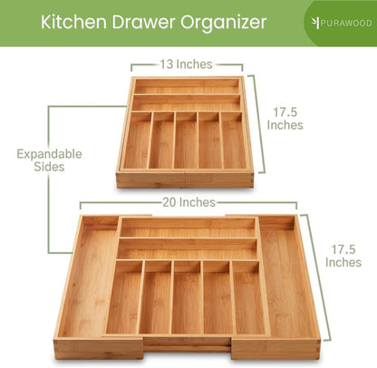 Purawood Bamboo Drawer Organizer - Expandable Silverware Organizer & Utensil Drawer Organizer, Cutlery Tray with Dividers, 7-9 Slots- Kitchen Organizer for Utensils & Flatware (Natural)