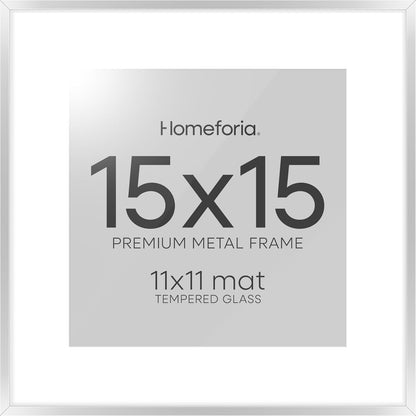 Homeforia 15x15 Picture Frame Silver, High End Metal 15 x 15 Square Frame with Mat 11 x 11 Photo, 15x15 Poster Frames Matted to 11x11 Print, 15 by 15 Hanging Frames, Tempered Glass, Wall Kit, Set of 1