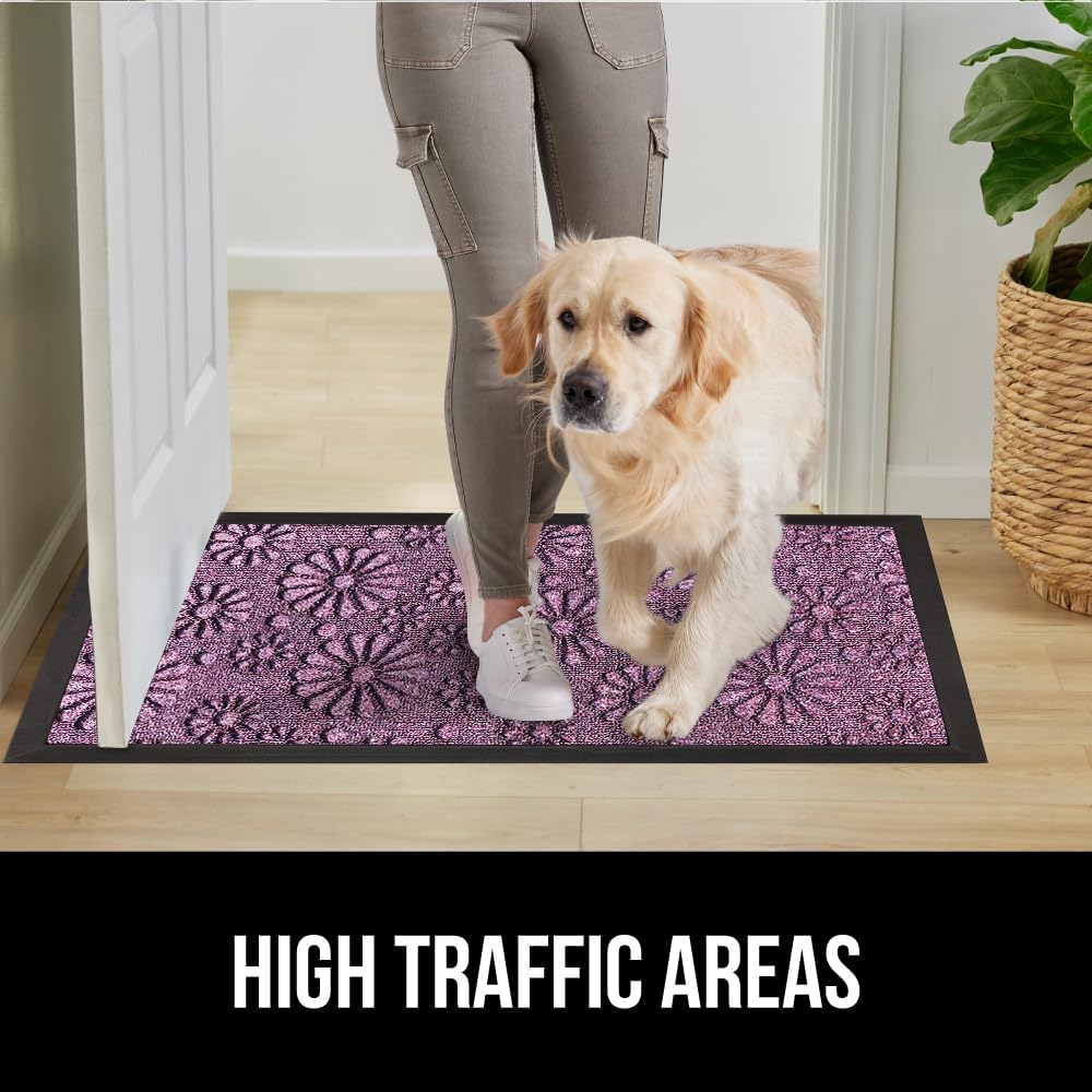 GORILLA GRIP 100% Waterproof All-Season WeatherMax Doormat, Durable Natural Rubber, Stain and Fade Resistant, Low Profile, Indoor Outdoor Door Mats, Easy Clean Entry Mat, 17x29, Purple Confetti Daisy