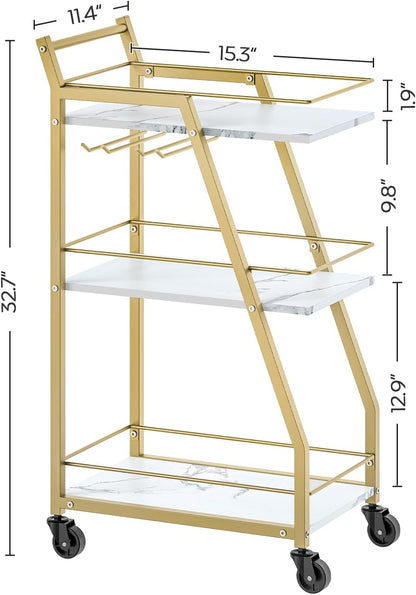 Bar Cart, Gold Bar Cart for The Home, Small Bar Cart on Wheels, Beverage Cart, Home Bar Serving Cart with Glass Holder, Drink Cart for Bar, Kitchen, Dining, Marble White and Gold BC03DW