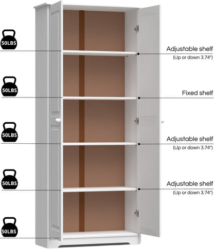 Pantry Cabinet Storage Cabinet with 2 Doors Solid Wood - Adjustable Shelves for Kitchen, Dining Room, or Utility Room Organization