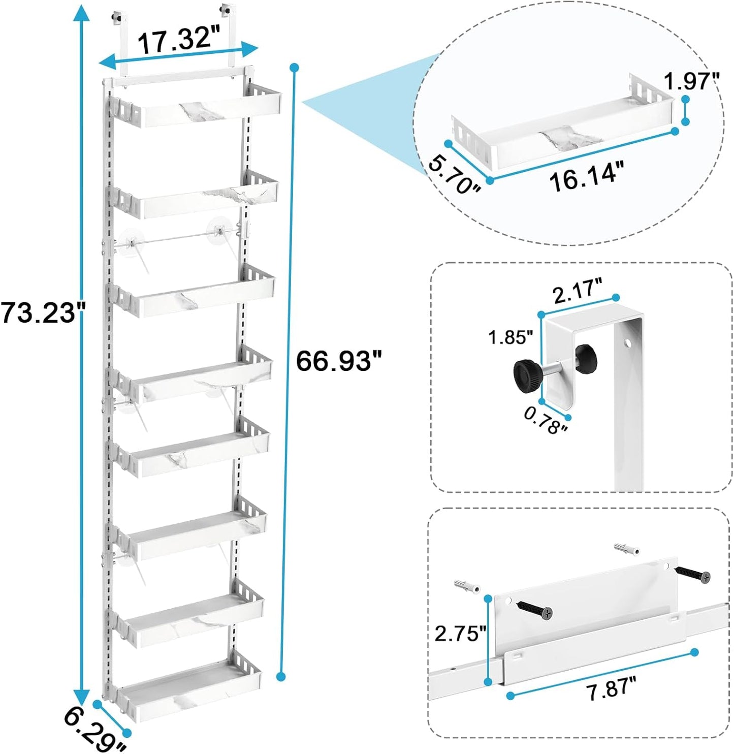 bukfen Over the Door Pantry Organizer,8-Tier Adjustable Basket Kitchen Pantry Door Organization and Storage, Heavy-Duty Metal Hanging Kitchen Spice Rack,D6.3 x W17.32 x H66.93 inch,White Marble Color