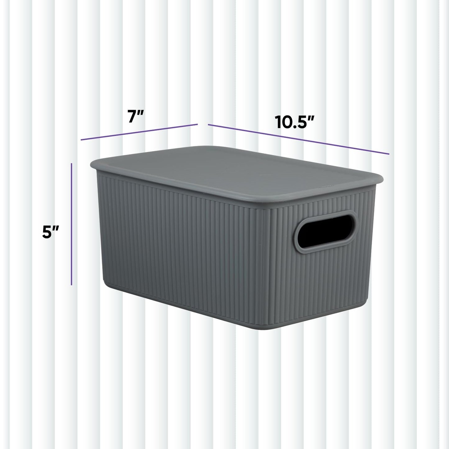 Superio Decorative Lidded Home Storage Bins, Plastic Organizer Baskets, Medium Grey (2 Pack - 5