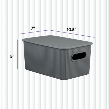 Superio Decorative Lidded Home Storage Bins, Plastic Organizer Baskets, Medium Grey (2 Pack - 5
