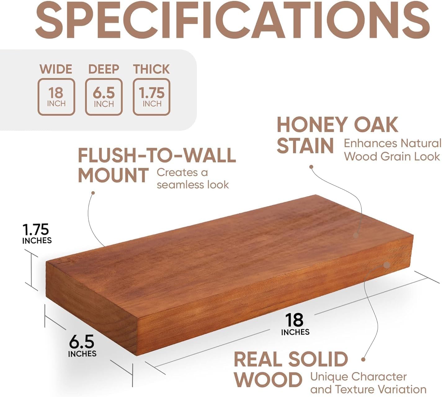 Homeforia 18 inch Floating Shelf Oak, High End Solid Real Wood 18inch Long Floating Shelves for Wall Mounted, Honey Oak Wooden 18in Floating Shelves, Heavy Duty Bracket, 18 X 6.5 X 1.75 inch, Set of 2