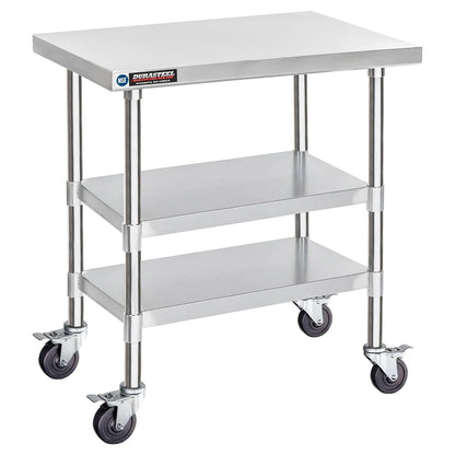DuraSteel Stainless Steel Work Table 30" x 36" x 34" Height w/ 4 Caster Wheels - Food Prep Commercial Grade Worktable - NSF Certified - Good for Restaurant, Business, Warehouse, Home, Kitchen, Garage