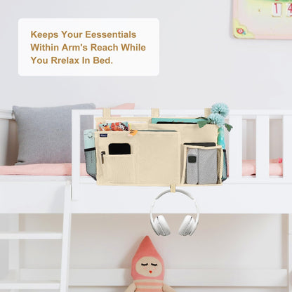 Surblue Bedside Caddy Hanging Organizer Storage Bag Pocket for Bunk, Hospital, College Dorm Rooms, Baby Bed Rails, Camp - 8 Pockets, Large, Beige