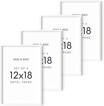 HAUS AND HUES 12x18 White Metal Picture Frames - Features Premium Aluminum, Vertical & Horizontal Hang, Shatterproof Plexiglass - Perfect for Home, Room, Office (12x18 in, White, Set of 4)
