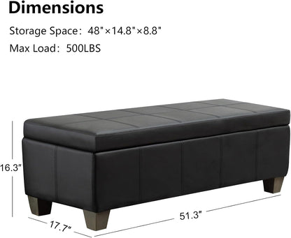 51 Inch Black Faux Leather Ottoman with Storage, Rectangular Extra Long Bench, End of Bed Bench with Large Storage for Bedroom, Living Room