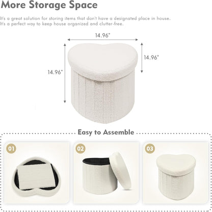 B FSOBEIIALEO Storage Ottoman Cube, Heart Shaped Ottomans with Storage Foot Stool Footrest for Lving Room, Boucle Ottoman Seat for Dorm Room,Faux Teddy Fur, Cream White 15"x15"x15"