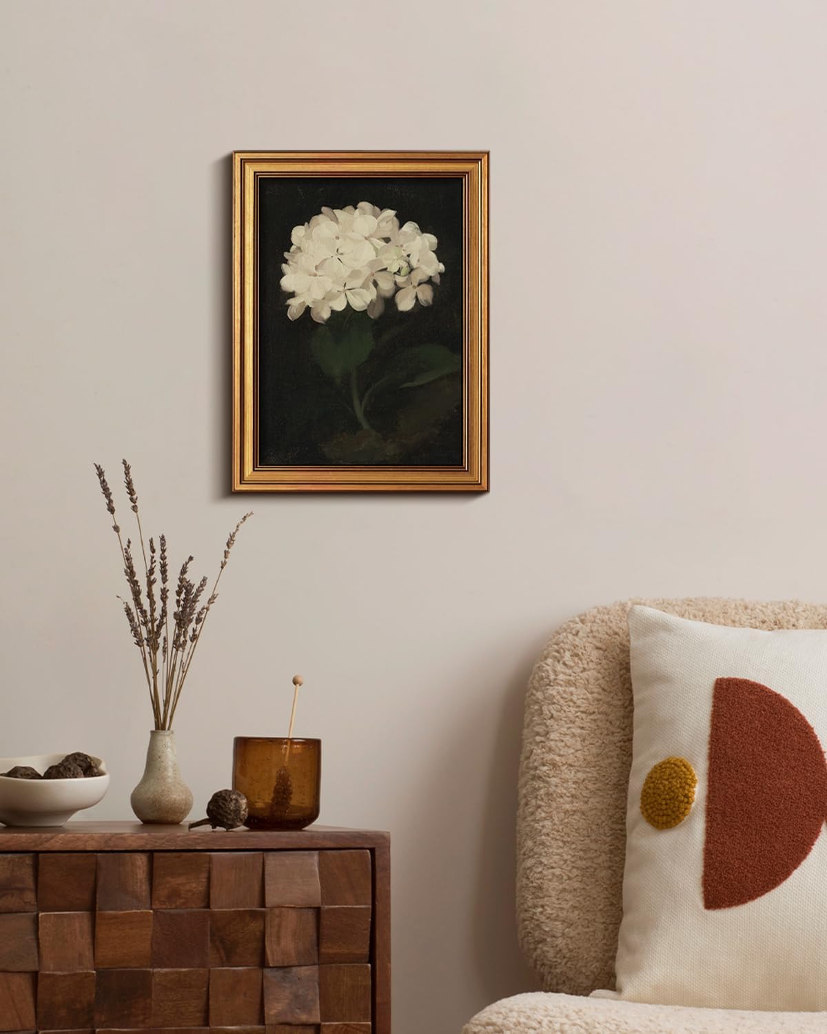 HUARCEY Gold Framed Vintage Wall Art for Living Room, Flowers Painting Canvas Prints Shelf Decor for Kitchen, Aesthetic Bedroom Wall Art, Christmas Gifts for Friends Family (White Hydrangea 12"x16")