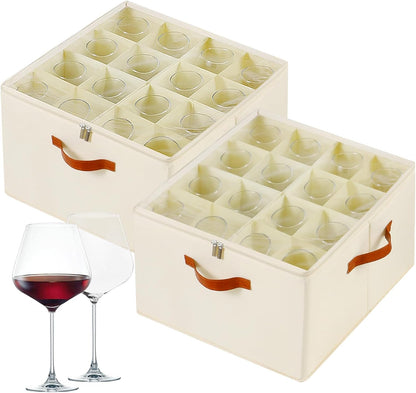 Wine Glass Storage Box with Dividers, 2 Pack Glassware Storage Containers, Stemware Storage Cases Holds 32 Wine Glasses, Stackable Crystal Storage Containers with Clear Cover for Moving，Beige