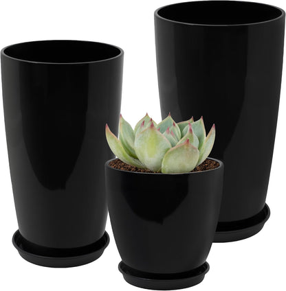 24/21/12 Inch Large Plastic Planter, Lightweight Ceramic-Look Large Flower Pots with Drain Hole & Saucers, Plastic Outdoor Planters for Garden, Patio, Balcony(Brilliant Black)