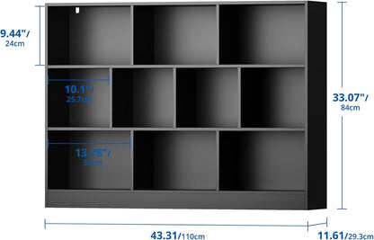 Cozy Castle Black Bookshelf, 3-Tier Open Shelf Bookcase, 10 Cube Storage Organizer with Anti-Tilt Device, Freestanding Horizontal Bookshelf Cube Shelf for Bedroom, Living Room, Office