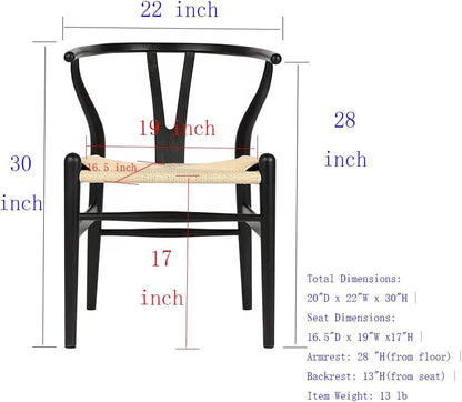 Tomile Solid Wood Wishbone Chair Y Chair Mid-Century Armrest Dining Chair, Hemp Seat (Ash Black + Natural Rope, Pack of 4)