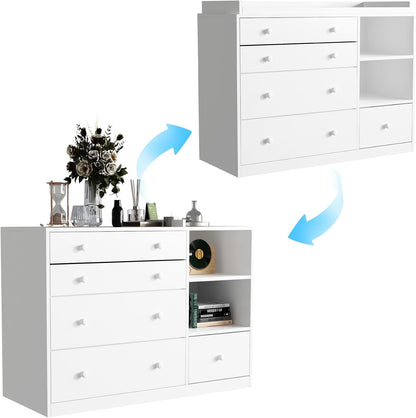Changing Table Dresser, Baby Classic Nursery Dresser with 5 Drawers and 2 Shelves, Multi-Functional Baby Changing Table, Diaper Changing Station for Children's Room, White