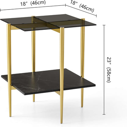 Glass End Table, Mid-Century Modern Design Sofa Table, for Living Room, L18 x W18 x H23 in, Clear Glass Top and Walnut MDF Shelf, Sleek Conical Metal Legs with Gold Finish Frame