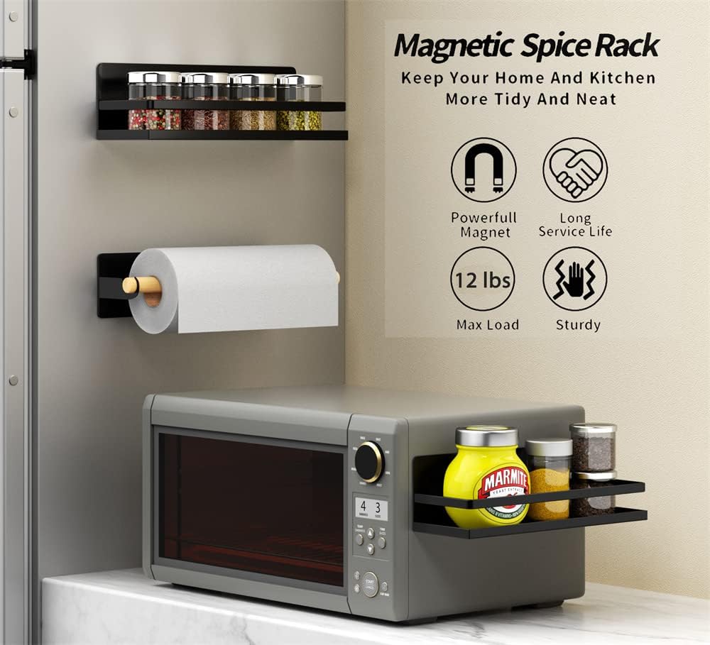 Magnetic Spice Rack Holder Paper Towel Holder with Hook for Refrigerator Fridge Organizer for Kitchen, Space Saver Container for Kitchen/Apartment, Drill Free, Black，3 Packs