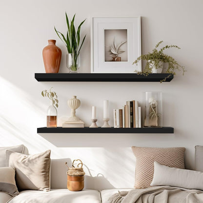 LaVie Home Floating Shelves, 24 Inch Wall Shelf Set of 2, Hanging Shelf with Invisible Brackets, Wall Decor for Bathroom, Bedroom, Living Room, Kitchen Storage, Classic Black