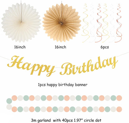 Sage-Green Blush-Pink Beige Birthday Party-Decorations - 21pcs Happy Banner,Cream Light Dusty Pink Paper Lanterns Pom Poms,Rustic Boho Neutral Streamers Garland,Women Girls Decor Supplies Huglony