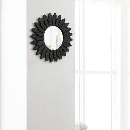 Honiway Black Wall Decor Wall Mirror 12 inch Boho Wall Decor Wood Decorative Mirror for Room Decor Home Decor for Bedroom Living Room Bathroom Kitchen Black