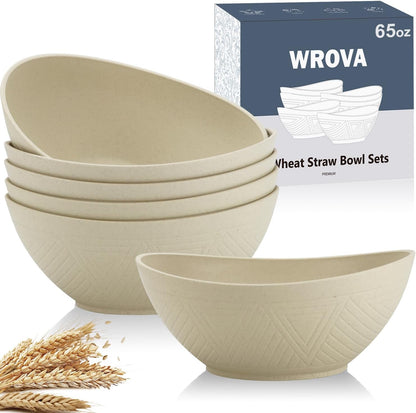 65oz Big Wheat Straw Bowls - Large Salad Bowls set of 6 - Unbreakable Serving Bowl Sets - Microwave & Dishwasher Safe Bowl Sets for Cereal,Salad,Fruit - Beige