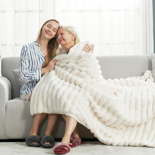 Cozy Bliss Faux Fur Throw Blanket for Couch, Cozy Warm Plush Striped Blanket for Sofa Bedroom Living Room, 60 * 80 Inches Cream White