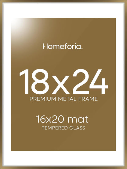Homeforia Picture 18x24 Bronze Frame, High End Metal 18x24 Brass Poster Frames with Mat 16x20 for Photo, 18 x 24 Frame Matted to 16 x 20 Print, 24x18 Hanging Frames, Tempered Glass, Wall Kit, Set of 1