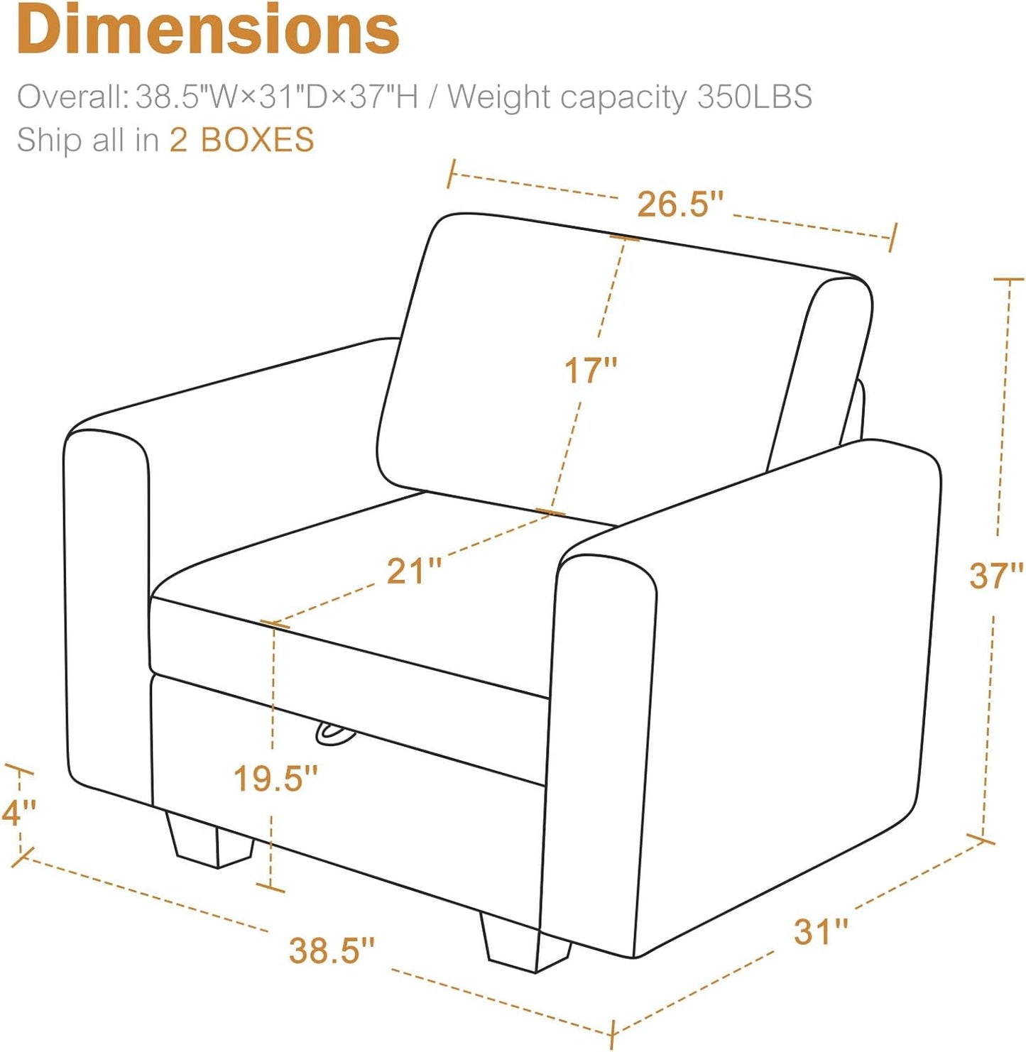 38.5 Oversized Accent Chair with Storage Ivory Corduroy, Single Modern Accent Sofa Chair with Arms for Apartment Living Room (21" Deep Seat)