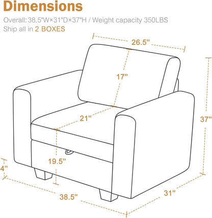 38.5 Oversized Accent Chair with Storage Ivory Corduroy, Single Modern Accent Sofa Chair with Arms for Apartment Living Room (21" Deep Seat)